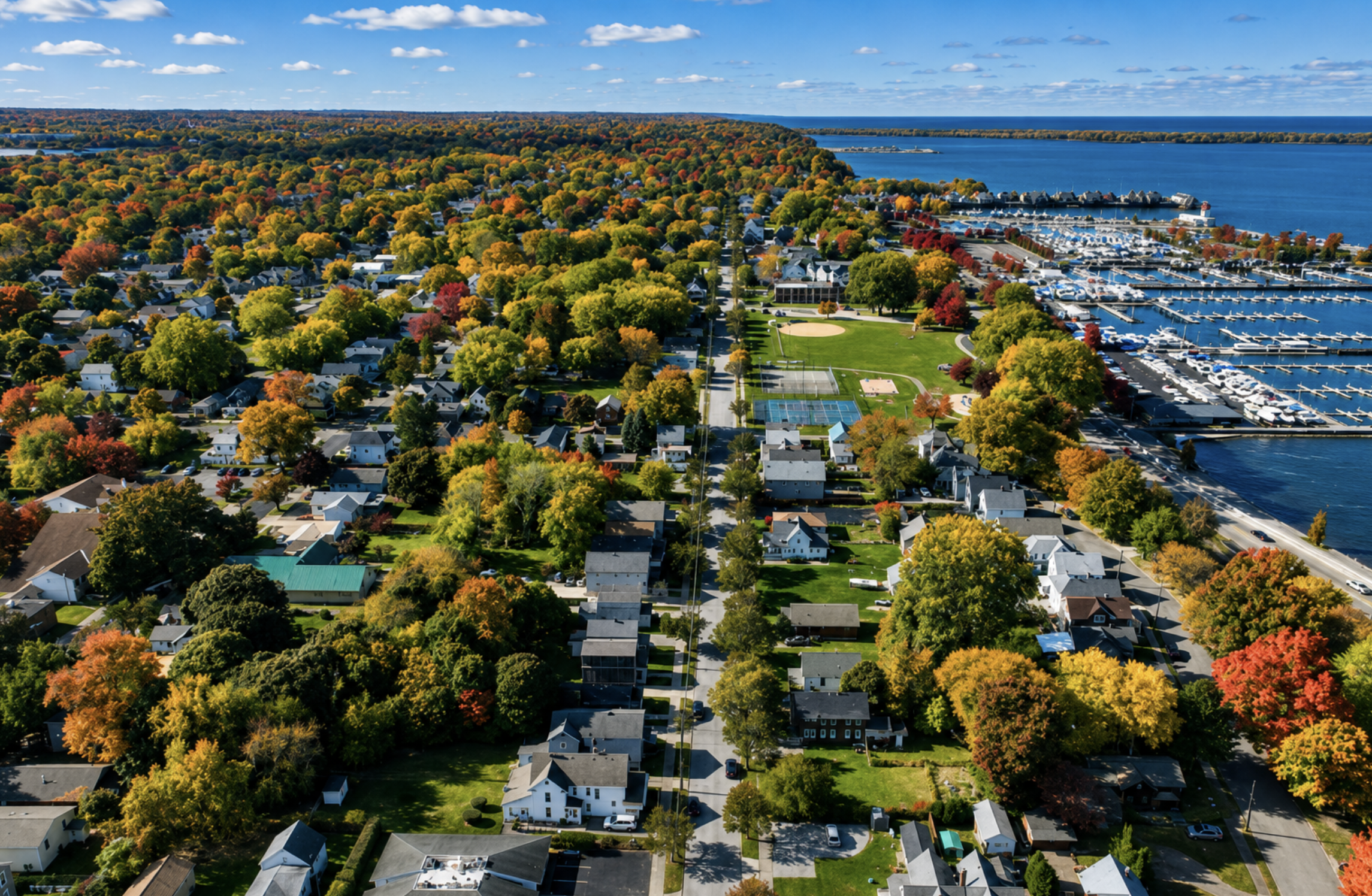 Aerial view of an Erie residential neighborhood and lakefront marina in autumn