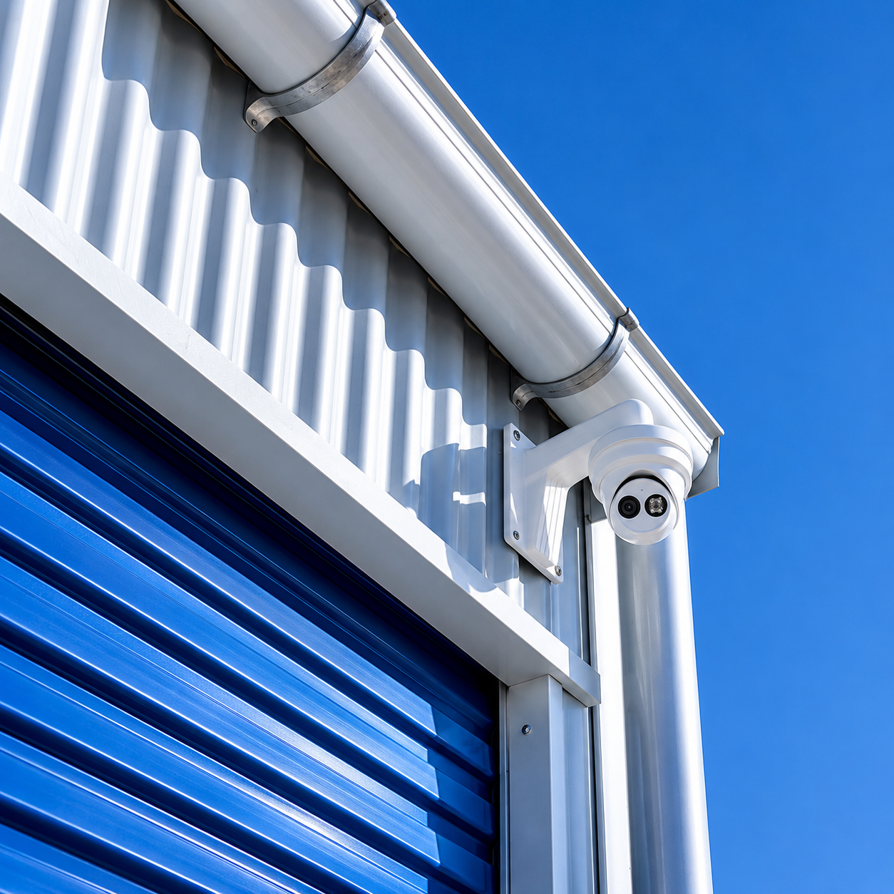 Security camera mounted on a blue A Store Lock self-storage unit in Erie